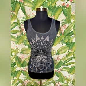 VELVET STONE Charcoal Skull Sparkle Crystals Feather Headdress Graphic Tank Top